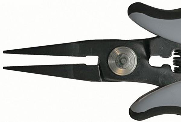 The image shows a pair of pliers with narrow, pointed jaws. The handle is ergonomically designed and has gray rubber surfaces. A metal axis is visible in the center.