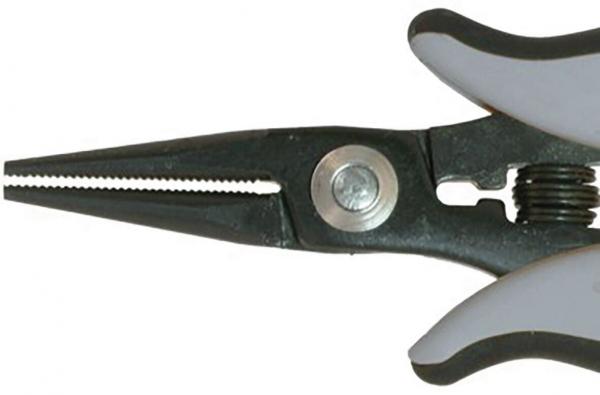 The image shows a gray pair of pliers with narrow, pointed jaws. The jaws are non-slip and have a serrated edge. In the center, there is a screw holding the mechanism.