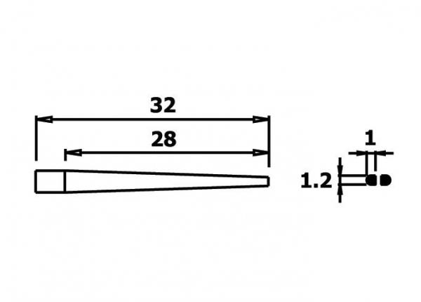 Das Bild zeigt eine technische Zeichnung eines konischen Objekts. Es hat eine Länge von 32 mm, eine Breite von 28 mm und einen Querschnitt mit zwei Löchern, eines von 1 mm und eines von 1,2 mm Durchmesser.