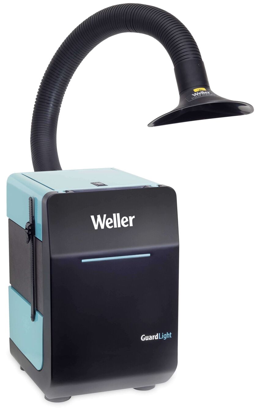 The image shows a compact device with a black casing and blue accents. It has a flexible neck that leads to a round light source, and bears the inscription "Weller GuardLight".