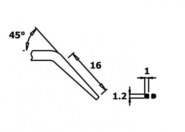 The image shows a technical drawing of an angled part. It has a 45° angle, a length of 16 units, and additional dimensions of 1, 1.2, and a round part.