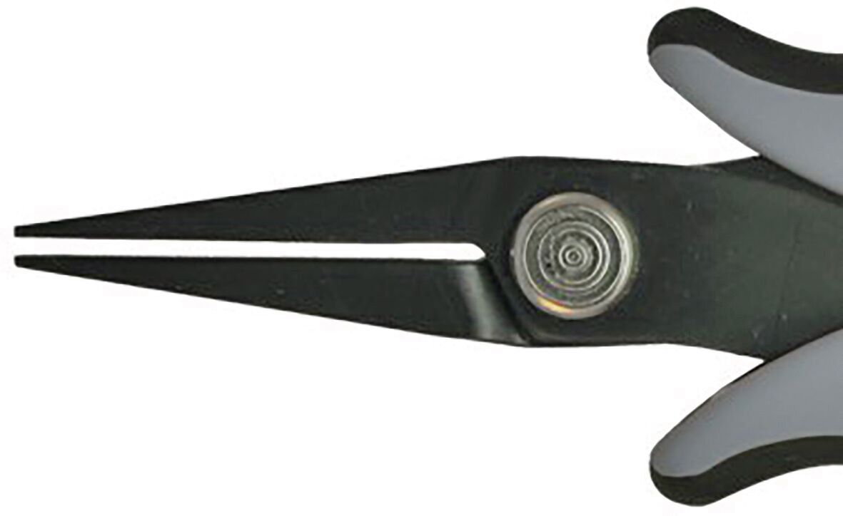 The image shows a pair of pliers with narrow, pointed grippers. The pliers have a black and gray handle, and there is a screw in the middle. They appear sturdy and precise.