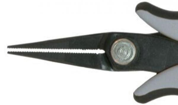 The image shows the tip of a pair of pliers with narrow, serrated blades. The handles are ergonomically shaped and black with gray accents. The pliers are designed for precise gripping.