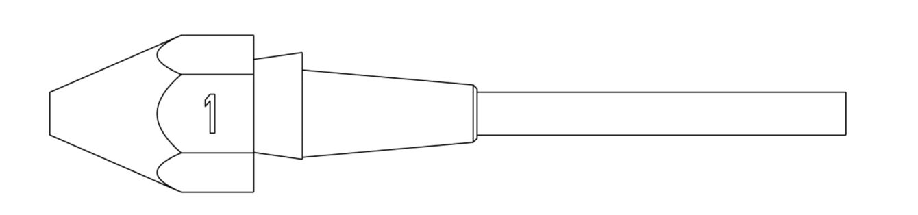 The image shows a top view of a pencil with a sharp tip. At the upper end, there is a tip marked with the number "1". The shaft of the pencil is narrow and straight.