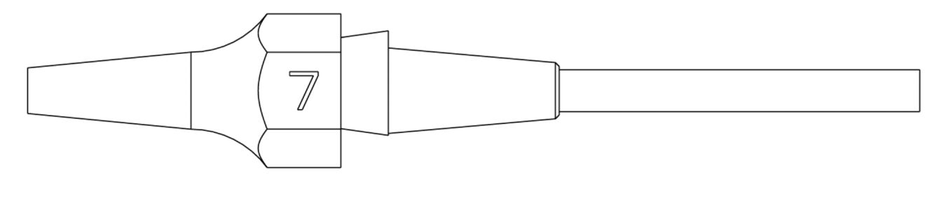 The image displays a technical drawing of an object that tapers to a narrow, pointed end. In the center, there is a prominent indentation marked with the number 7. The remainder is a straight, thin shaft.