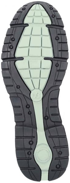 The image displays the underside of a black shoe. The sole features a grippy texture with various patterns and is light green in the middle area.