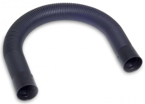 The image shows a flexible, black hose with a curved path. It has larger openings at both ends. The surface is ribbed and smooth.