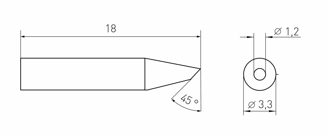 The image displays a technical drawing of an object. On the left is the side view featuring a long, pointed end and a width of 18 mm. On the right is the top view with a diameter of 3.3 mm and an opening of 1.2 mm.