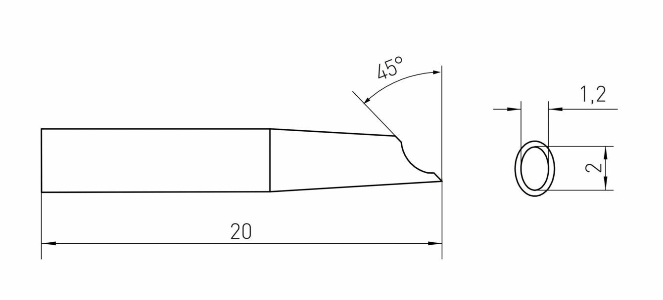 Das Bild zeigt eine technische Zeichnung eines Werkzeugs. Es hat eine Länge von 20 mm, mit einem schrägen Ende in einem 45°-Winkel. Ein kleiner Kreis mit 2 mm Durchmesser ist seitlich eingezeichnet.