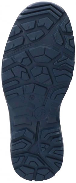 The image shows the sole of a shoe. It is dark blue with a textured tread made up of various geometric shapes to provide support and grip.