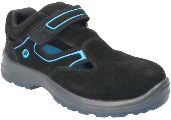 The shoe is black with blue accents. It has a closed toe area and a Velcro fastener. The sole is sturdy and provides good grip, ideal for outdoor situations.