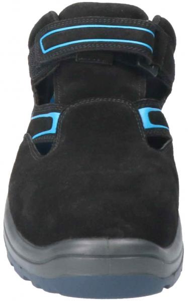 The image shows a black shoe with blue accents. It features a closed toe area, a wide strap, and cutouts for breathability. The shoe has a sturdy sole.