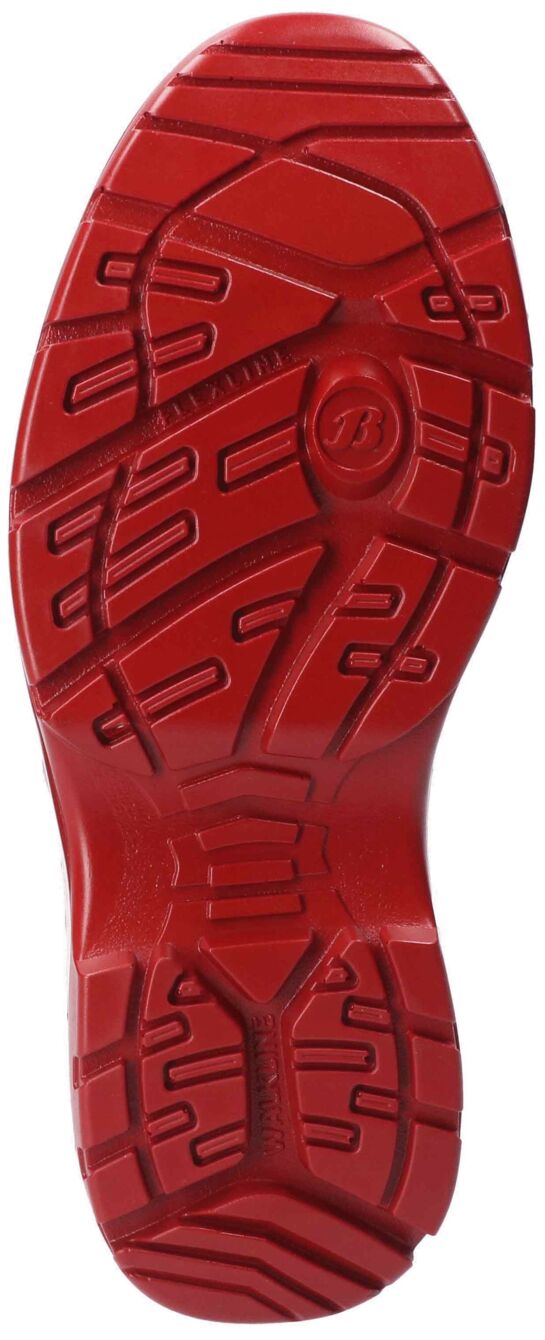 The image shows the sole of a sports shoe in bright red. It features a textured pattern with grooves and ridges, providing optimal grip and suitable for use on various surfaces.