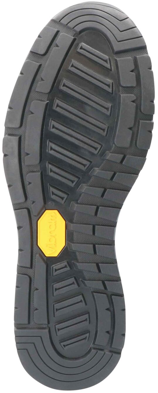 The image displays the underside of a shoe. The sole is made of black rubber with a non-slip tread featuring deep grooves and patterns. A yellow logo is visible.