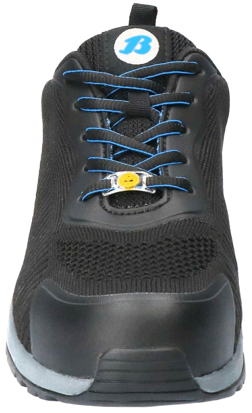 The shoe is black with blue shoelaces. It has a breathable surface and a reinforced rubber toe cap. The sole is sturdy and provides good grip.