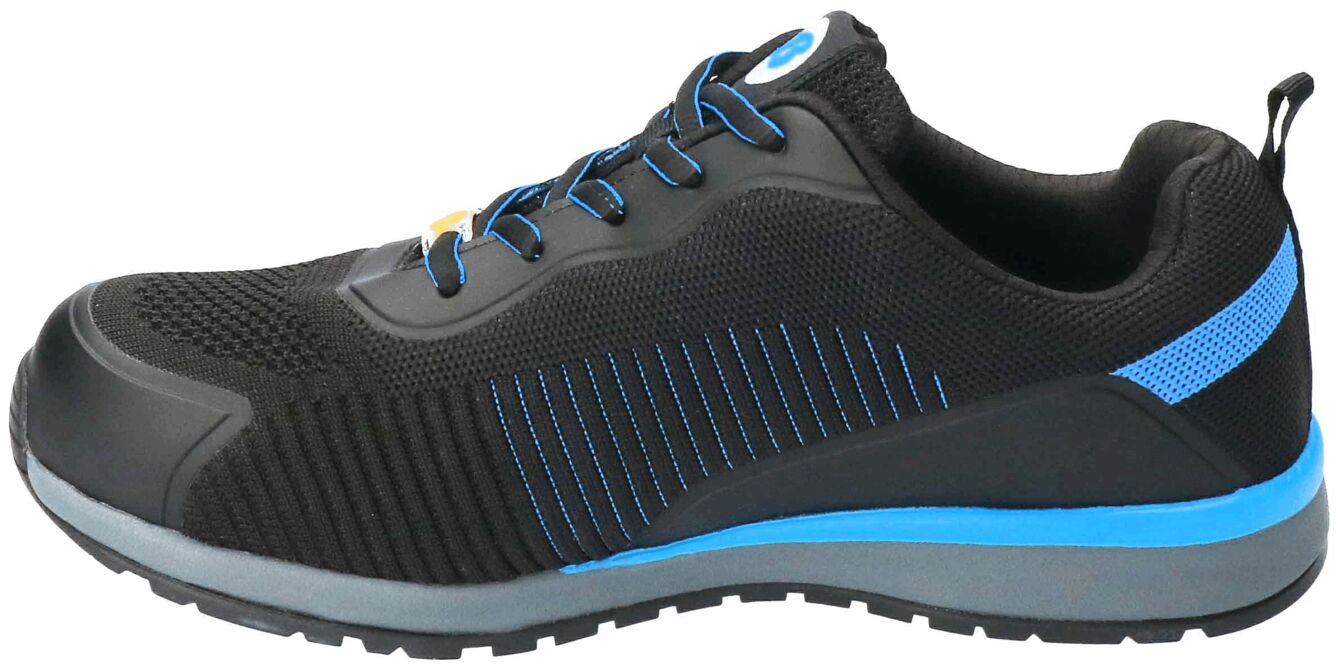 The shoe is sporty, with a black upper and blue accents. It has a textured surface, laces, a thick, gray sole, and is designed for comfort.