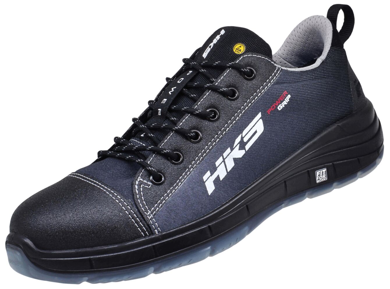 Der Schuh ist ein sportlicher, blauer Sneaker mit schwarzem Vorderteil. Er hat eine niedrige Schnürung, eine flexible Sohle und trägt das Logo "HK3" auf der Seite. Die Oberfläche wirkt robust und modern.