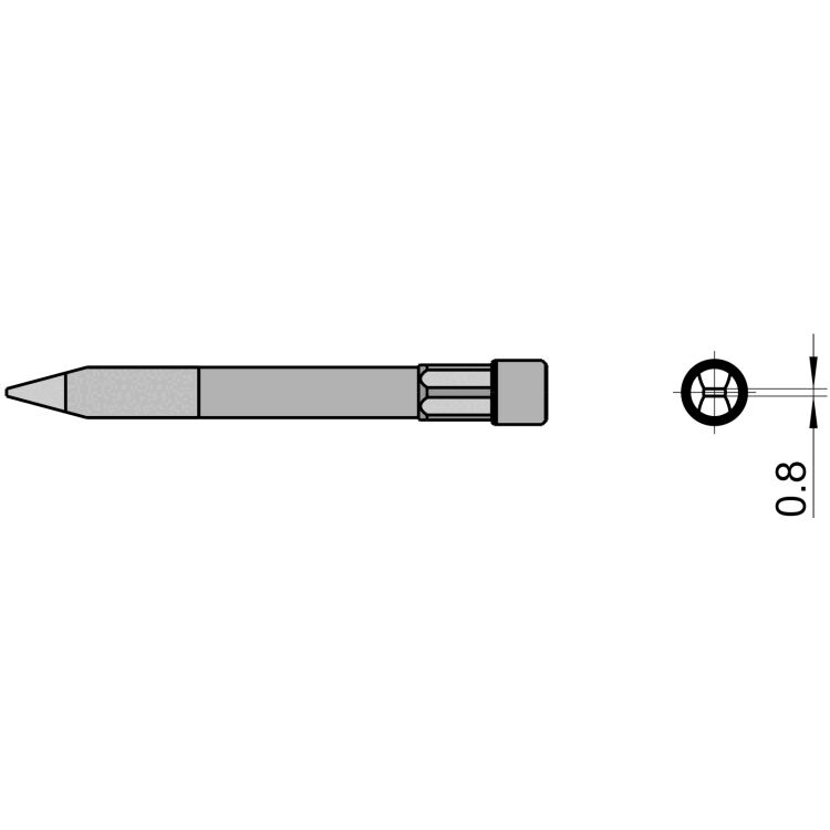 The image displays a pencil in side view with a sharp tip and a square eraser. Adjacent is a close-up of the tip, featuring a diameter of 0.8 mm.