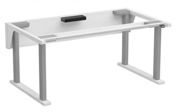 It shows a modern desk with a white top surface and gray legs. The tabletop has a smooth, clear line. Adjustment mechanisms are visible on the underside.