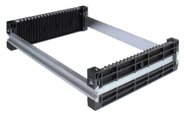 The image shows a square, open frame made of black plastic and silver metal. It has a textured, ribbed surface and is commonly used for mounting or stabilization.