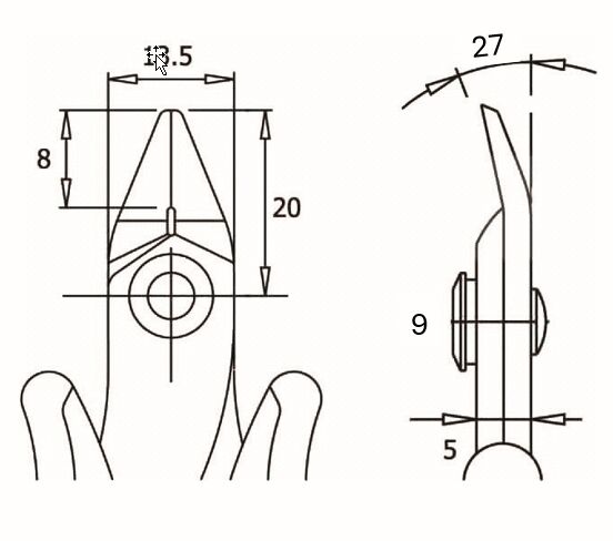 The image displays technical drawings of a tool or a device. It includes dimensions and proportions such as widths, heights, and radii. On the left is a front view, on the right a side view.