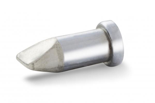 The image shows a metal pin with a pointed, angled front and a flat, round head. It is silver-colored and has a smooth surface that reflects light.