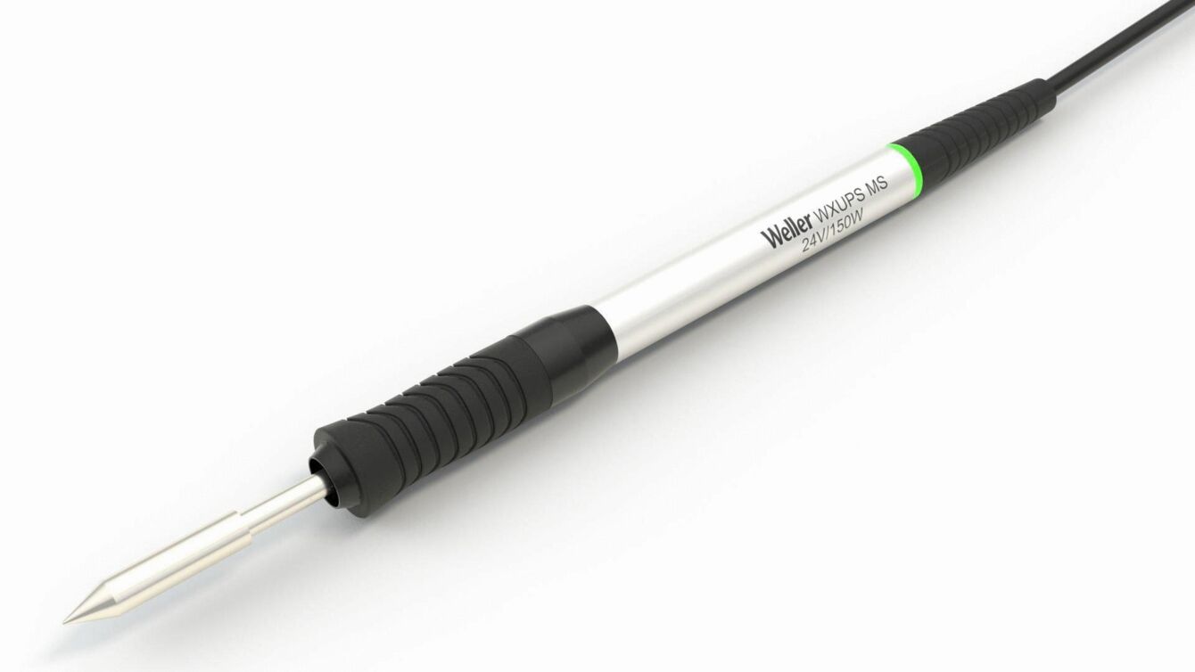 The image shows a soldering iron. It has a long, narrow body with a rubber surface for better grip. The tip is silver and pointed, and a cable leads away from it.