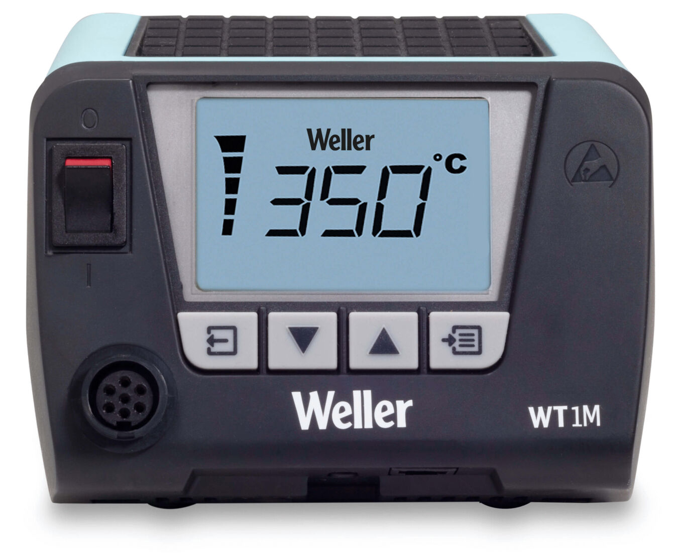 The image displays a black digital temperature control device with a blue display. It has buttons for temperature adjustment and currently shows 350 °C. The brand "Weller" is clearly visible.