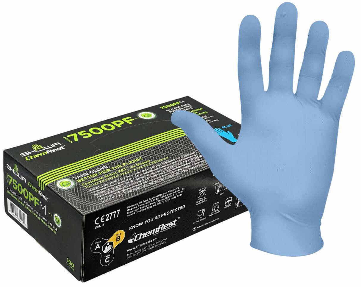 The image shows a box of blue disposable gloves. Next to it is an outline of a hand displaying the gloves. The packaging features green lettering and various symbols.