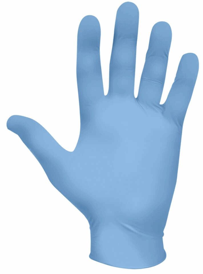 The image shows a hand in a light blue disposable glove. The fingers are slightly spread apart, the palm is visible, and the glove appears smooth and elastic.