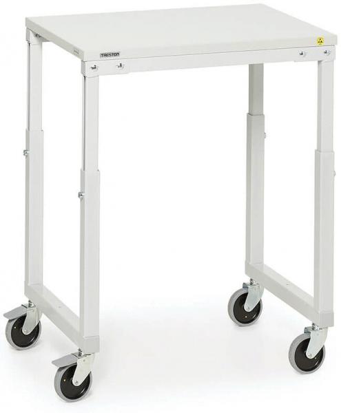 The image shows an adjustable-height table in white with four casters. It has a square tabletop and a sturdy metal frame that stands upright.