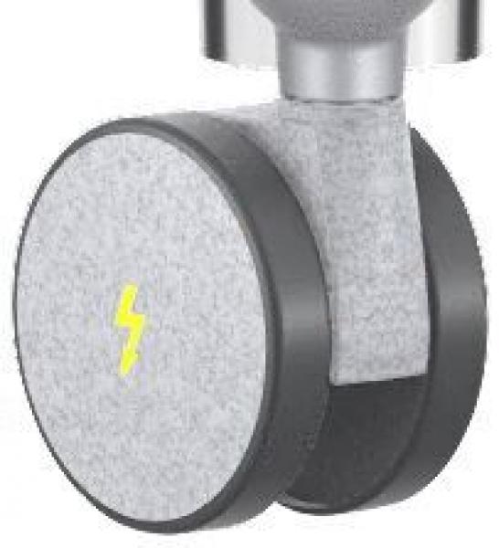 The image shows a gray wheel with a black edge. On the gray surface, there is a yellow lightning bolt symbol depicted. The wheel is attached to a silver frame.