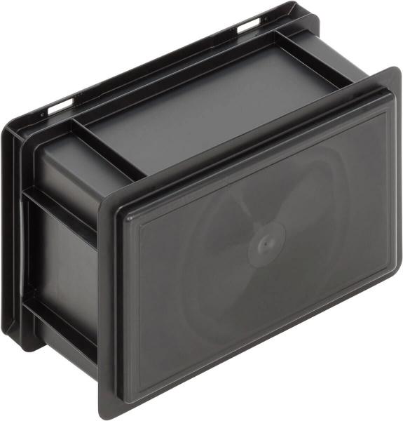 The image displays a black, rectangular device with a transparent front part. Inside, a fan-like element is visible, suggesting air movement.