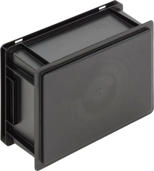 The image displays a rectangular, black plastic container. It has smooth surfaces and a lid opening that is not visible. The corners are rounded, and it appears sturdy and functional.