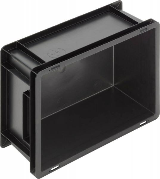 The image shows a rectangular, black plastic box. It has a smooth surface and is open, allowing the interior to be visible. The edges are sharp and clearly defined.