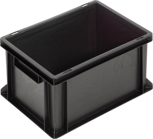 The image shows a rectangular, black plastic box without a lid. It has two handles on the longer sides and is sturdily built, ideal for storing items.