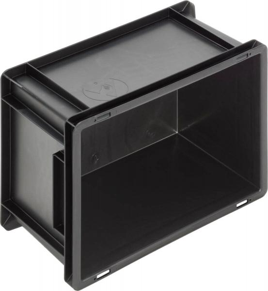 The image displays a black, rectangular plastic box. It features an open front and a flat top with a slightly curved structure. The box is sturdy and shows no visible cuts or damages.