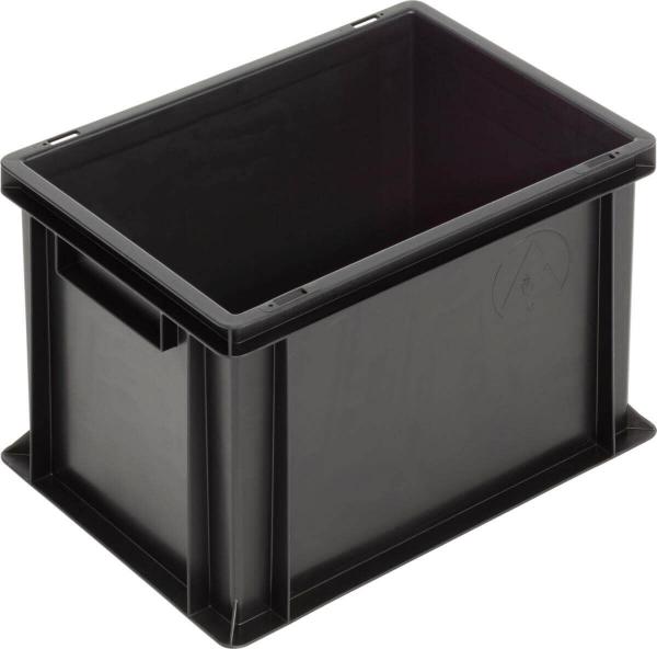 The image shows a black plastic box. It is rectangular, has sturdy walls, and an open lid. There are two handle-like cutouts on the shorter sides for easier carrying.