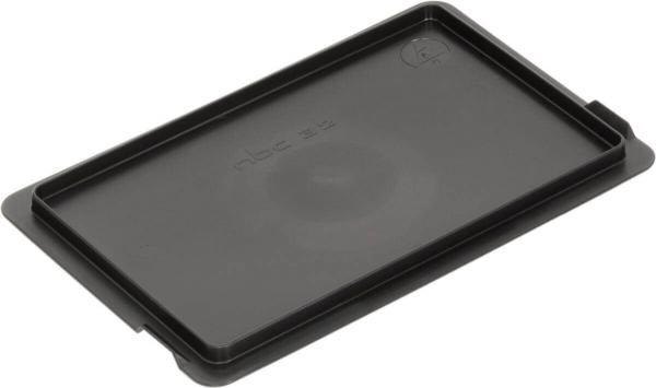 The image shows a flat, rectangular black plastic plate with slightly raised edges. In the center, there is a gentle indentation. The surface is smooth.