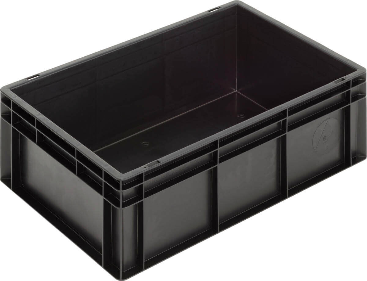 It is a rectangular, transparent black plastic box. It has straight walls, an open top edge, and a flat base. The box is functional for storage or transportation.