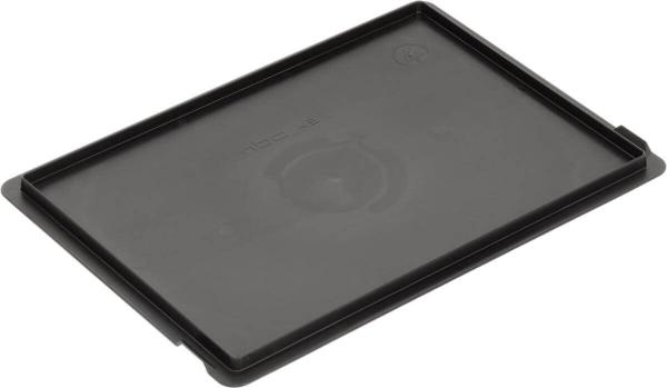 The image shows a black, rectangular plastic plate. It has beveled edges and a smooth surface, with a small indentation in the center.