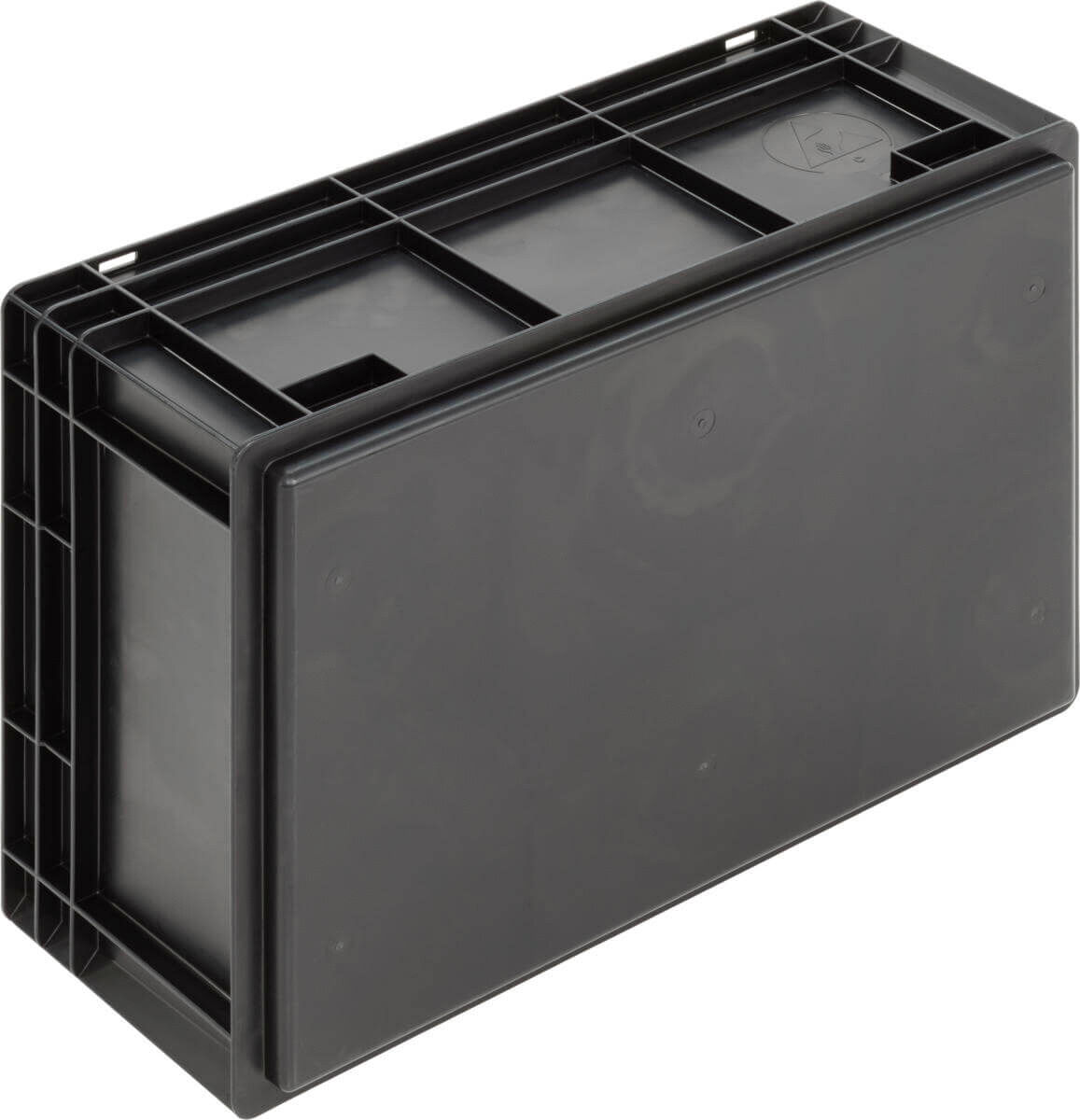 It is a rectangular, black plastic box with a closed lid. The box has a sturdy construction and is suitable for storing various items.