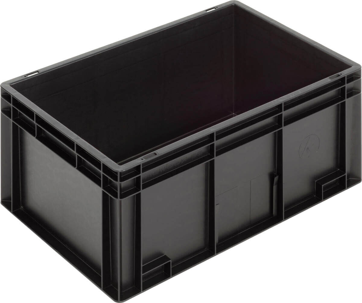 The image shows a rectangular, black plastic box without a lid. It has smooth sides and is of medium height, ideal for storing items.