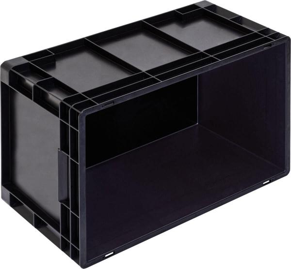 It is a black, rectangular plastic box without a lid. The walls are reinforced and the interior surface is empty, ideal for storing items.