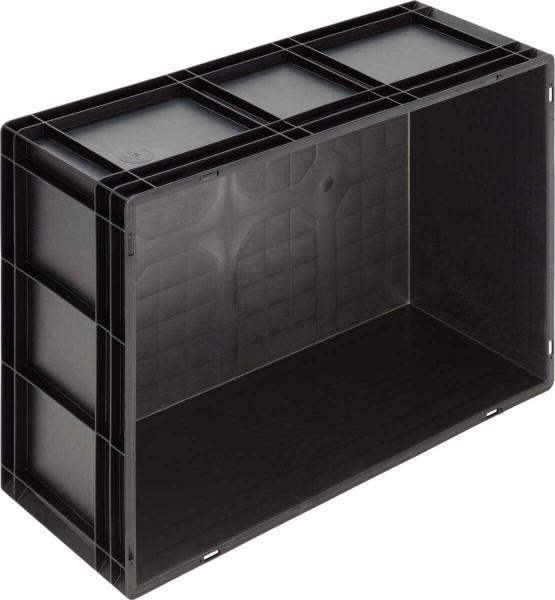 The image shows a black plastic box with open sides. It has a rectangular shape, a flat bottom, and is equipped with grid structures on the sides.