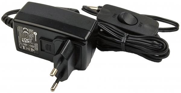 The image displays a black power supply unit with a plug for a socket. It features a cable with a switch that indicates "On" and "Off". The device appears compact and functional.