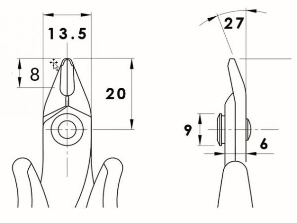 The image displays technical drawings of pliers. On the left is the front view with dimensions: 13.5 mm width, 20 mm height, 8 mm distance. On the right is a side view with a length of 27 mm.