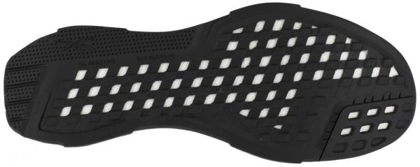 The image shows the sole of a sports shoe. It is black with a non-slip, textured pattern of longitudinal and transverse stripes, along with small ventilation holes.