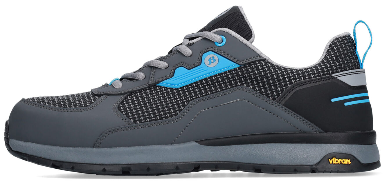 The shoe is sporty with a gray upper and a textured texture. Accents in cyan blue and a sturdy rubber sole provide stability and grip.