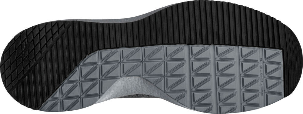 The image shows the underside of a shoe. The sole is divided into two colors: black and gray. The gray area has a diamond-shaped pattern, while the black area is textured.